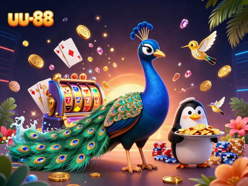 Spin the reels with uu-88 at a vibrant online casino featuring a majestic peacock and golden chips.