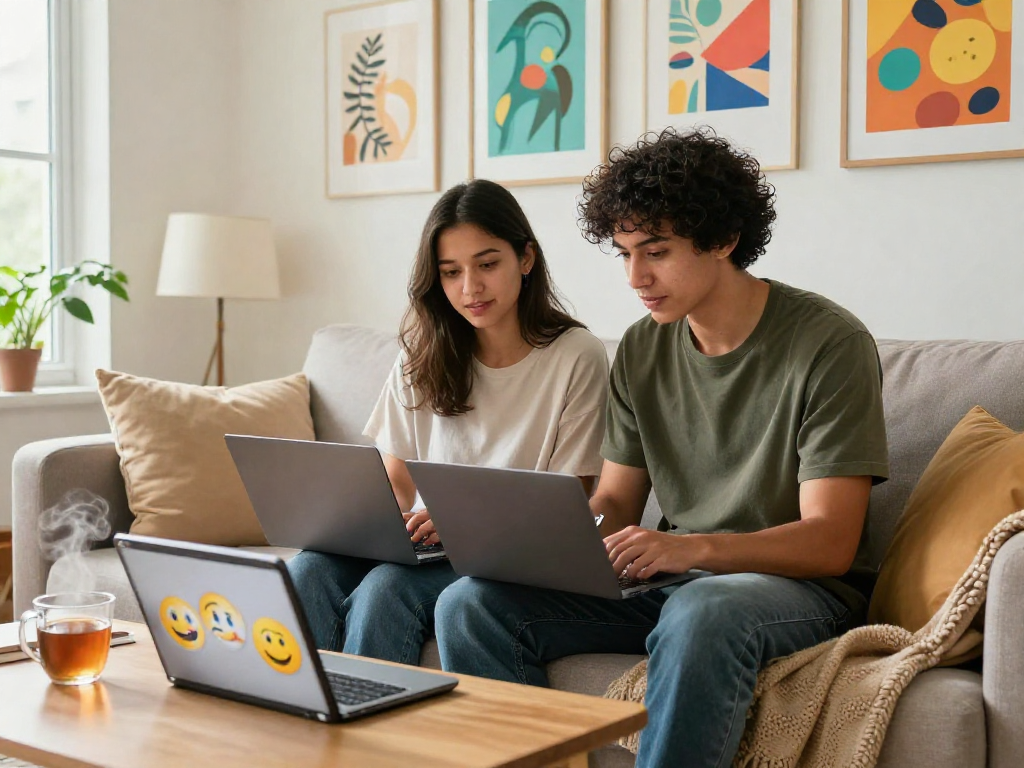 Youthful couple engaged in nsfw chat on laptops in a cozy living room.