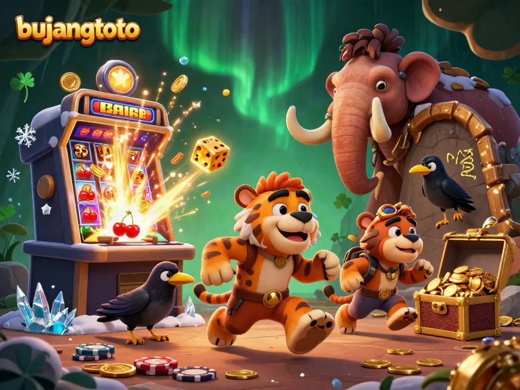 Experience the thrill of bujangtoto with a vibrant 3D casino scene featuring dynamic characters and massive slot machines.