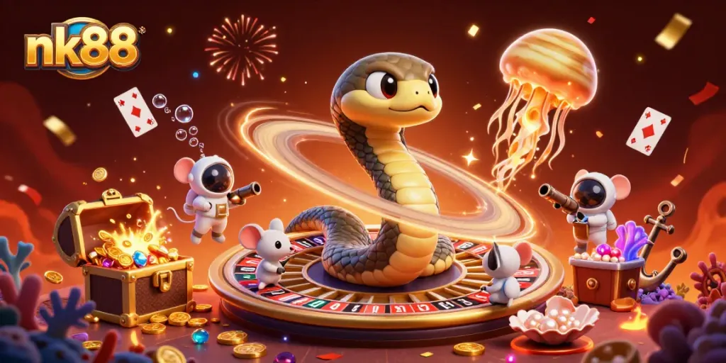 Place bets with nk88 as astronaut mice spin the roulette wheel in a cosmic casino.