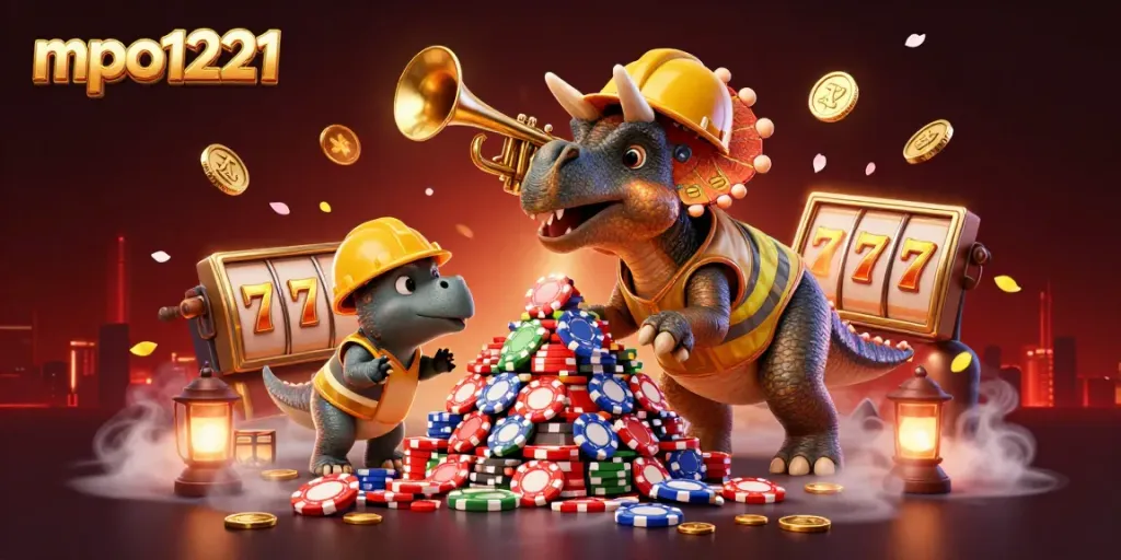 Watch as mpo1221 captures a thrilling moment with a triceratops and friends stacking poker chips.