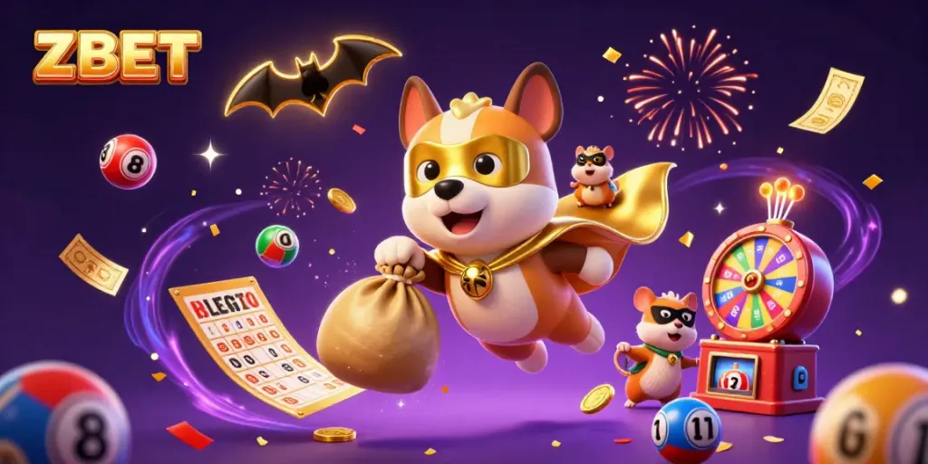ZBET showcases a 3D superhero dog and hamster amidst vibrant casino elements, capturing dynamic gaming excitement.