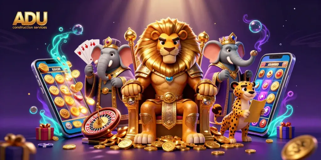 Play exciting games with ADU construction services in a vibrant casino-themed illustration.