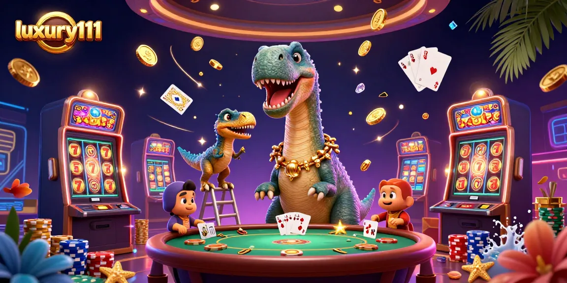 Experience thrilling gameplay with luxury111 as a cartoon brontosaurus overlooks a vibrant casino scene.