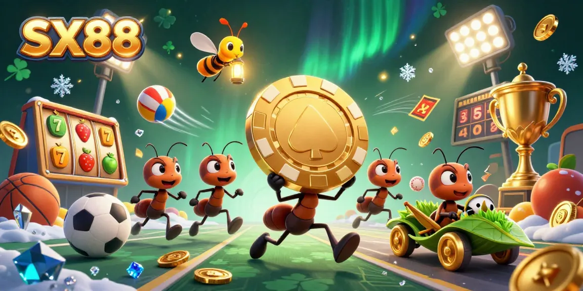 SX88 showcases a fun scene of ants heisting a giant poker chip amidst dynamic casino elements, illustrating exciting gambling energy.