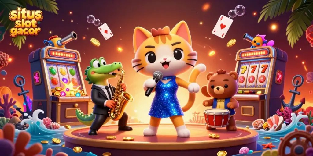 Sparkling 3D illustration showcasing situs slot gacor with vibrant characters and dynamic casino elements in a lively scene
