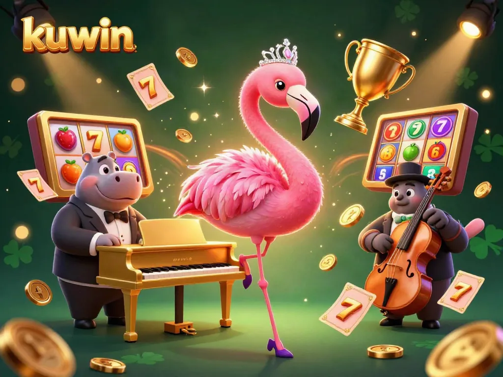 Kuwin's vibrant casino atmosphere features a flamingo singer and hippo bassist amidst dynamic slot reels.