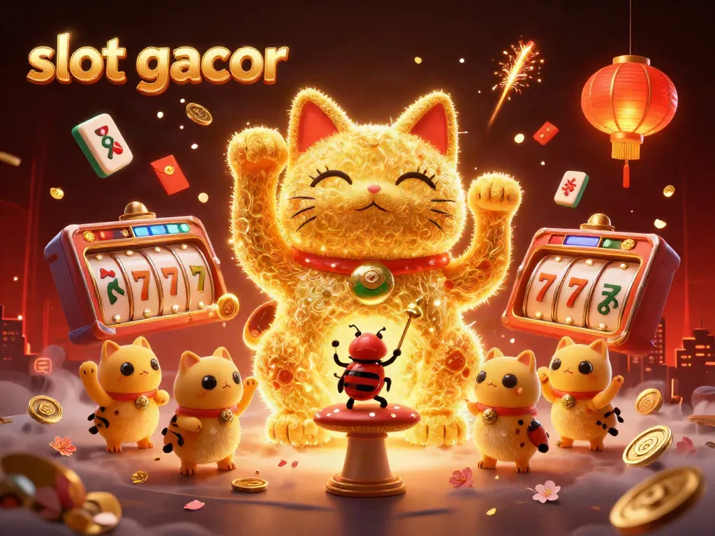 Experience winning moments with an enchanting slot gacor scene featuring a giant lucky cat and casino symbols.