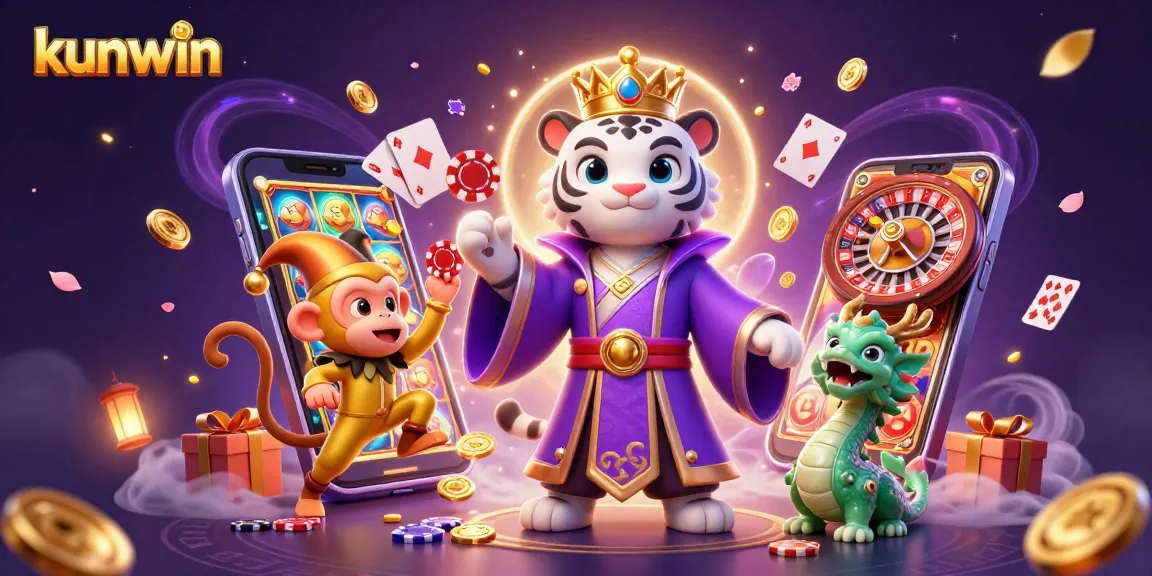 Experience the thrilling world of kunwin with an engaging casino scene featuring a white tiger, monkey, and jade dragon.
