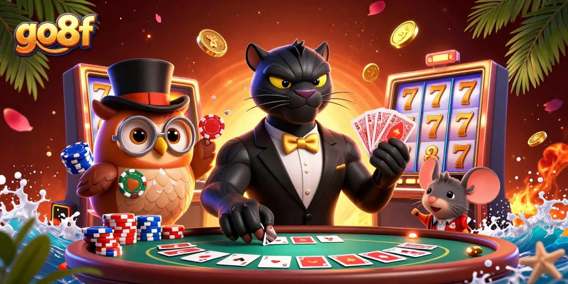Experience thrilling gameplay at go8f with a stylish panther, wise owl, and lucky mouse amid vibrant casino elements.