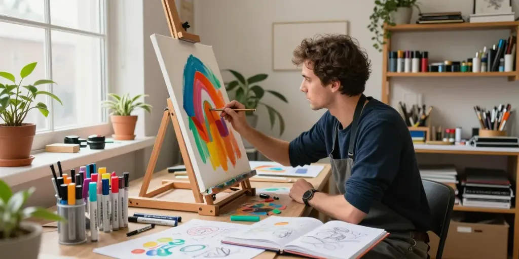 Marker pen supplier artist workspace filled with vibrant art supplies and creative energy.