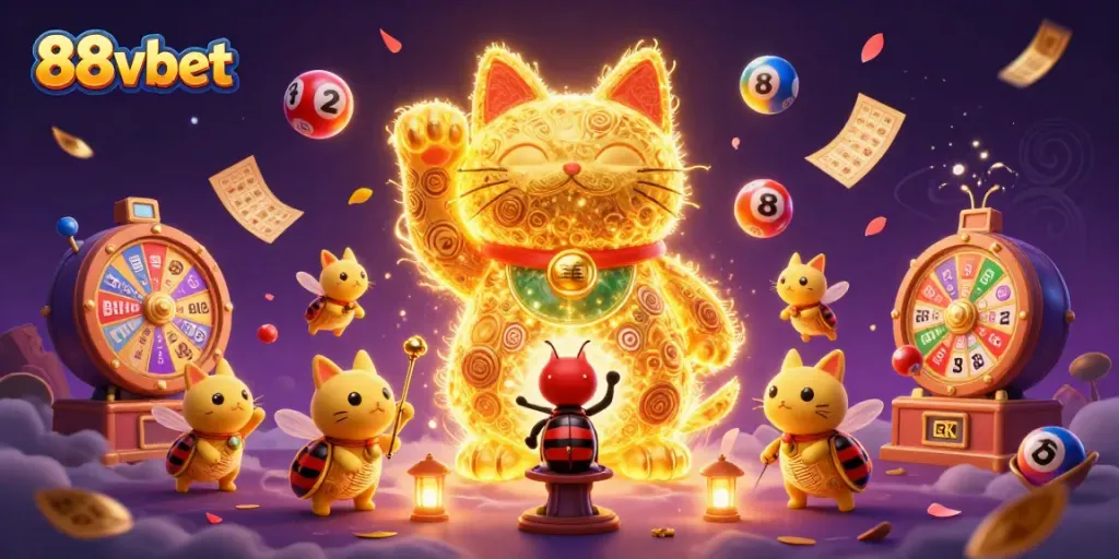 Engage with 88vbet's vibrant gaming world featuring a giant lucky cat and dynamic casino elements.