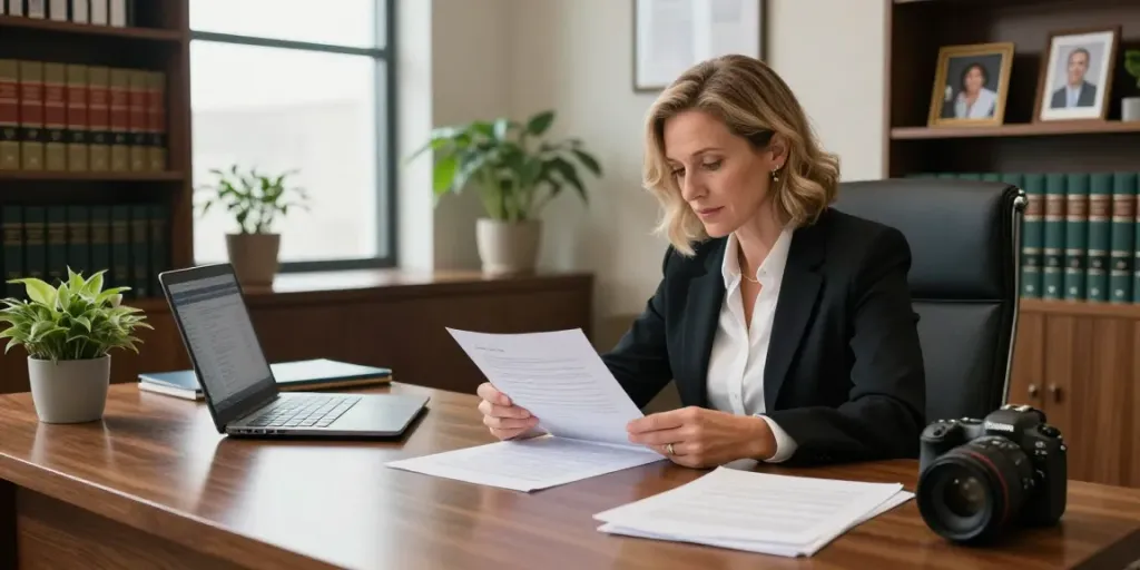 Karen McCleave attorney at her polished desk reviewing legal documents in a warm office.