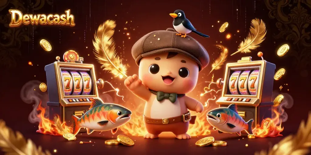 Dewacash's vibrant slot-themed scene features cute Nessie, a gold-loving magpie, and tartan salmon.