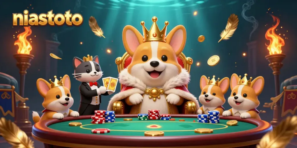 Experience thrilling poker action with NIASTOTO, showcasing a royal corgi surrounded by vibrant gaming elements.