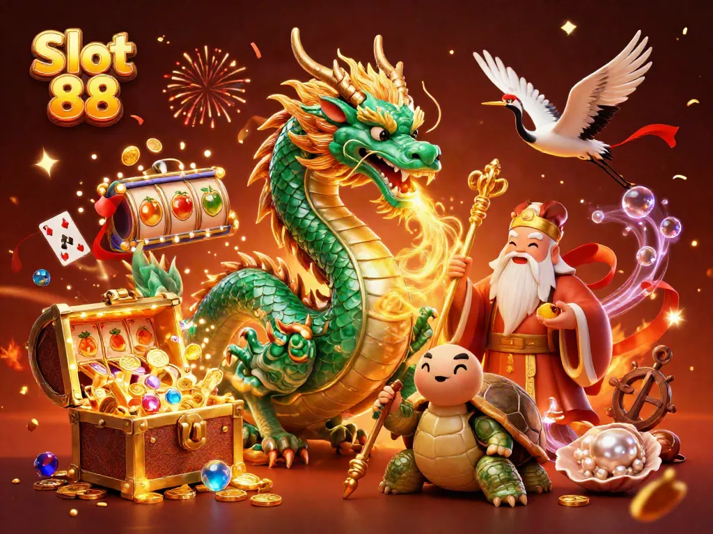 Play Slot 88 with fun characters and dynamic game elements in this vibrant casino illustration.