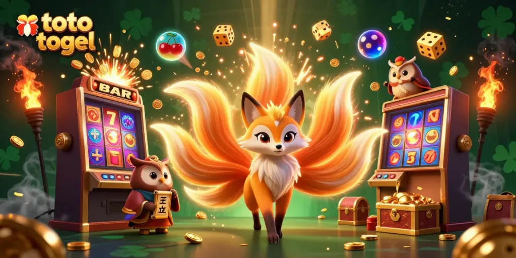 Spin the reels of toto togel with a vibrant nine-tailed fox and wise owl in a colorful casino scene.