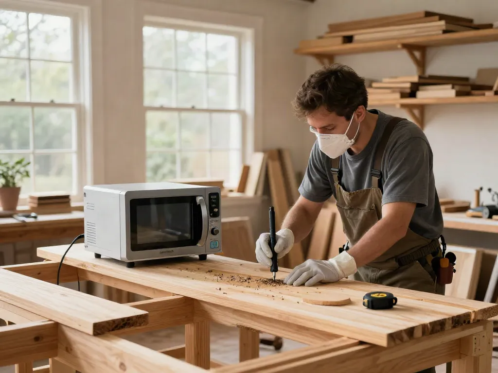 SHASHEL® microwave equipment effectively eliminating wood-boring insects in a cozy workshop scene.