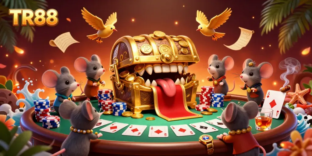 Experience thrilling gambling action at TR88 with a vibrant casino scene and captivating golden elements.