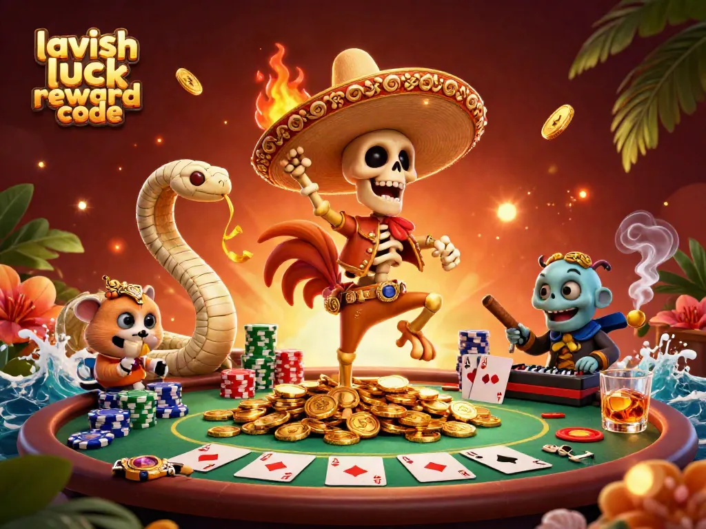 Win with the lavish luck reward code in this vibrant 3D casino scene featuring lively characters.