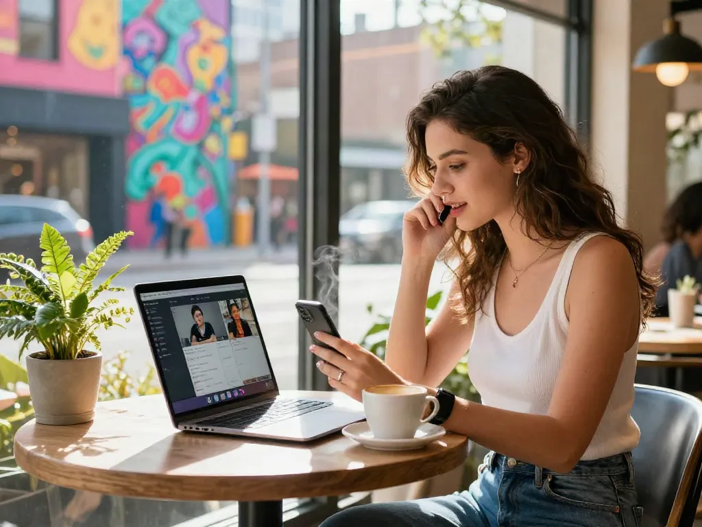 Ellie Nova xxx in an urban café engaging with her online audience, vibrant city backdrop.