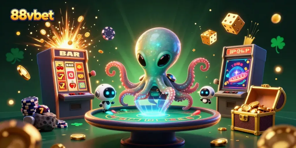 Experience the vibrant world of 88vbet with our cosmic casino scene featuring a playful alien octopus and exciting game elements.