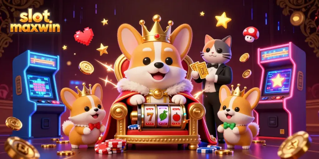 Experience the thrill of slot maxwin with a royal corgi on a poker throne and vibrant gaming elements.