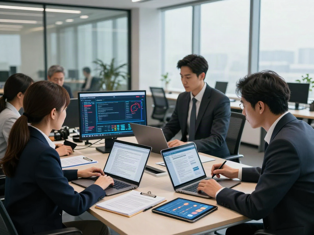 Efficient team analyzing a document fraud detection solution in a modern office.