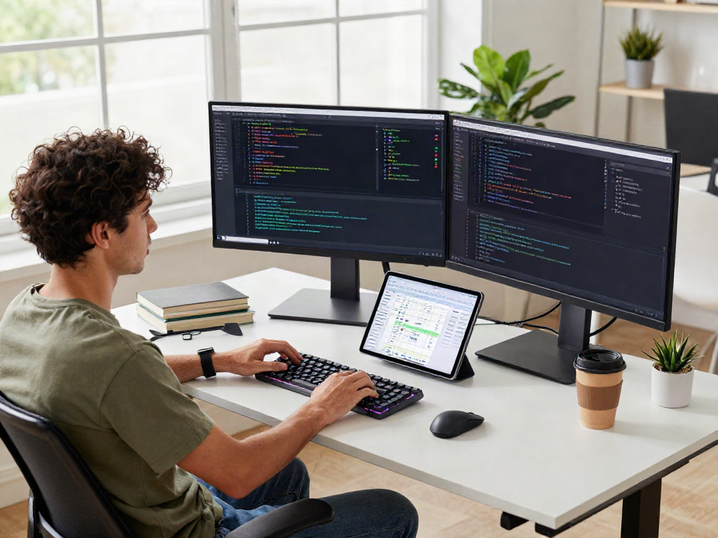 Workspace modern dengan pengembang perangkat lunak menggunakan teknologi terdepan dalam suasana produktif dengan keyword 快连.