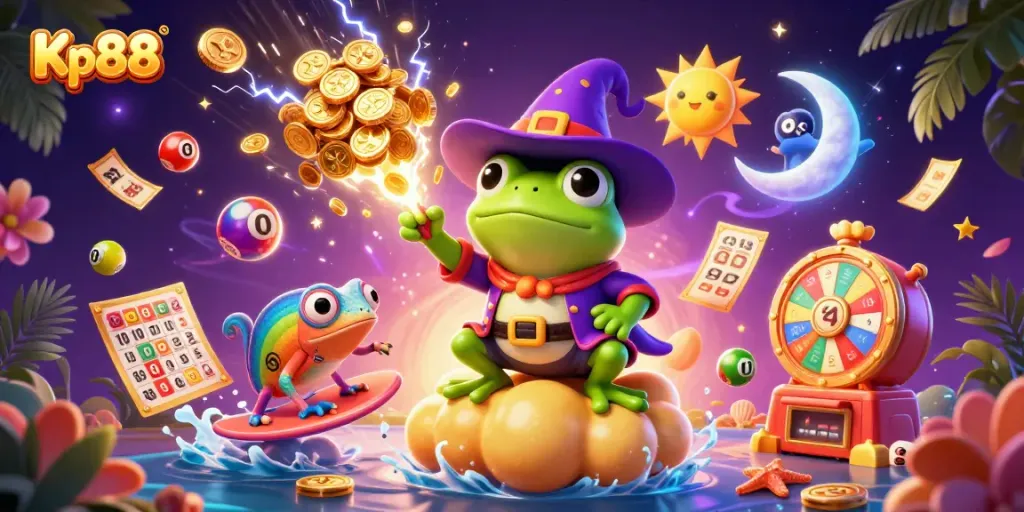 Kp88 unleashes a gold storm with playful characters and dynamic gambling elements in this colorful casino scene.