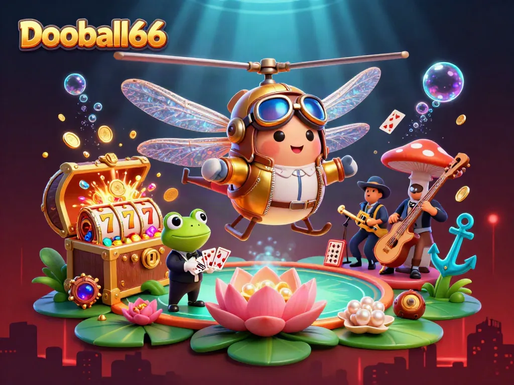 Dooball66 showcases a vibrant casino scene with a dragonfly pilot and frog dealer, capturing the thrill of high-stakes gambling.