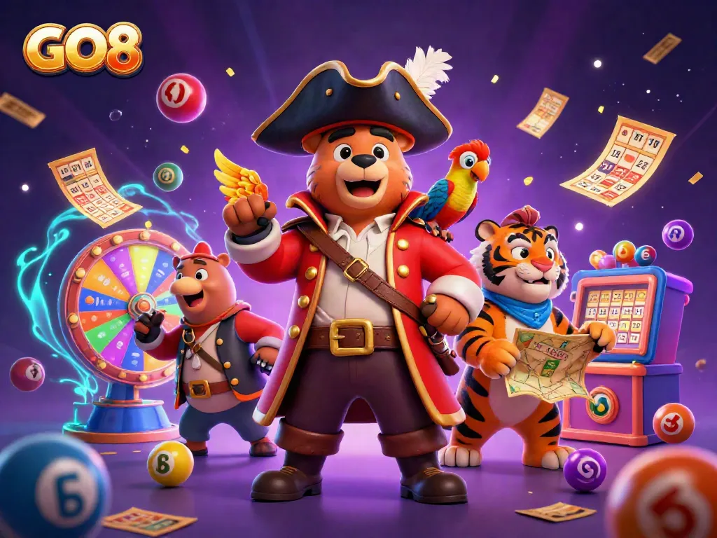 Engage in exciting lottery gameplay with the GO8, featuring vibrant colors and dynamic elements.