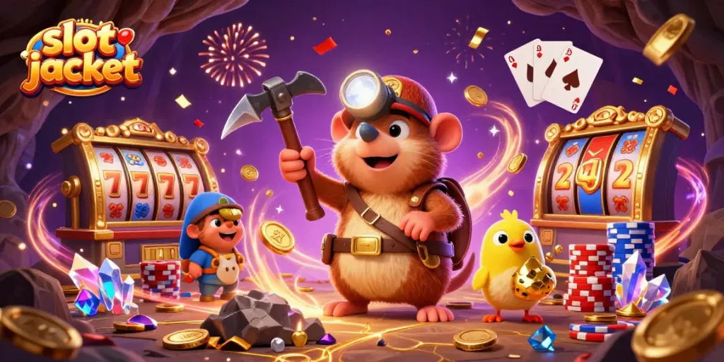 Experience thrilling slot jackpot action with animated characters mining treasures amid vibrant casino elements.