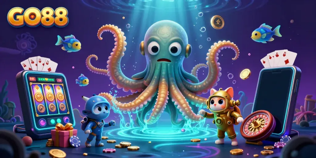Experience the thrill of GO88 gaming with a kraken and diving cat in a treasure-filled scene.