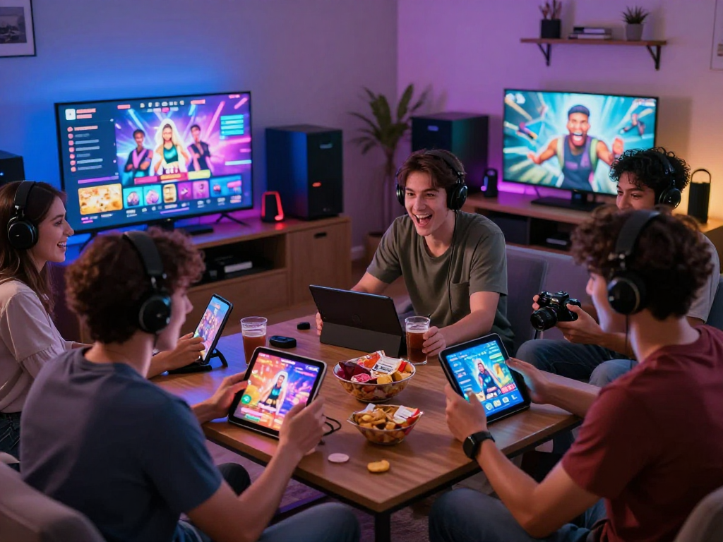 Players enjoying a fun porn game session on various devices in a cozy gaming environment.