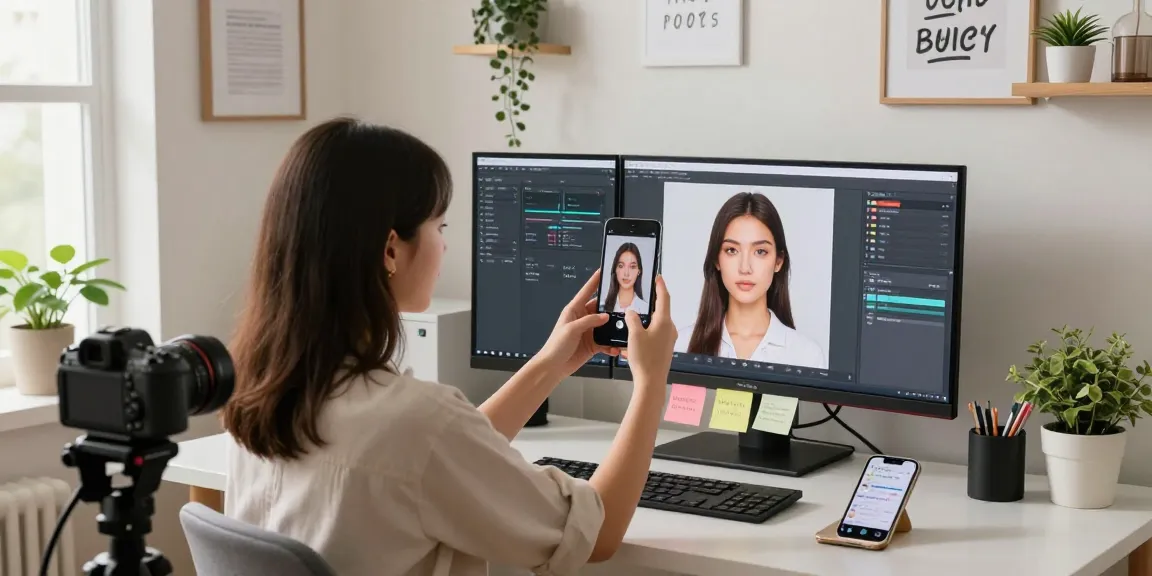 Young adult engaging in a test of attractiveness using facial analysis technology in a bright home office.
