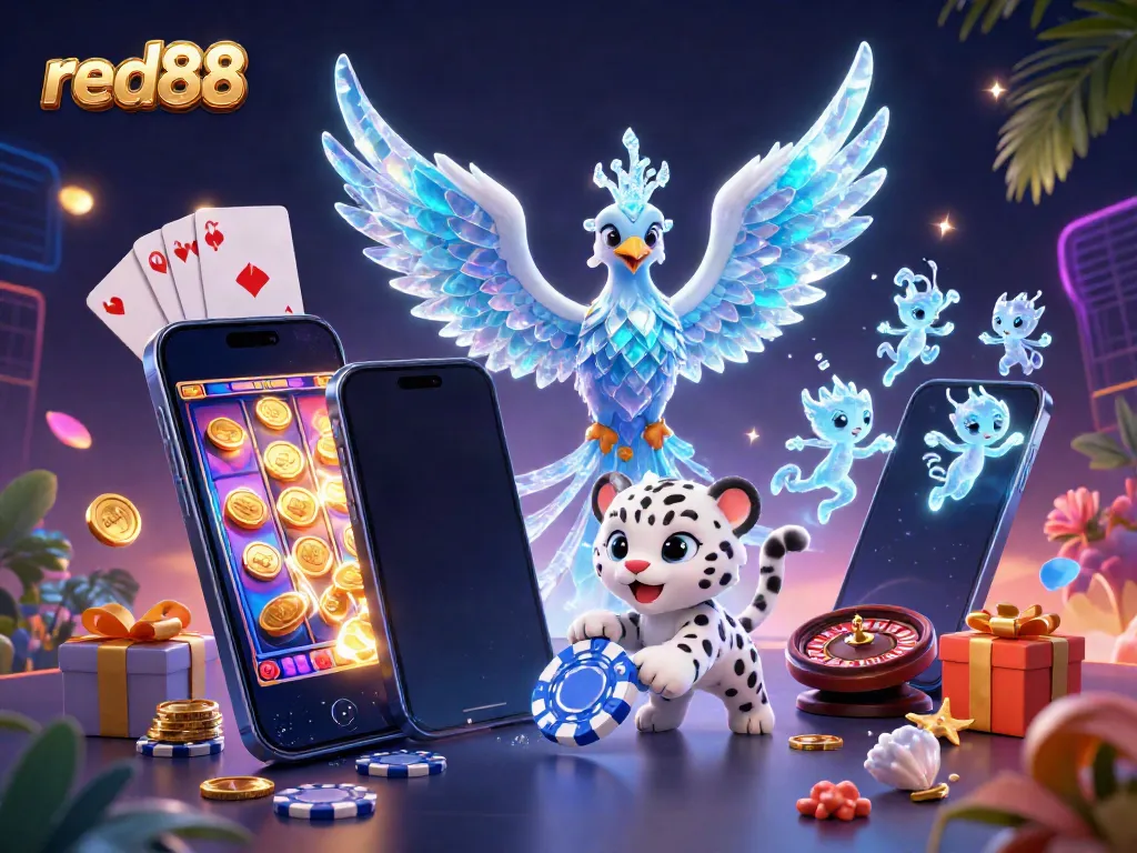 Experience the thrill of red88 with a dynamic scene of an ice phoenix and a snow leopard cub amidst gaming elements.