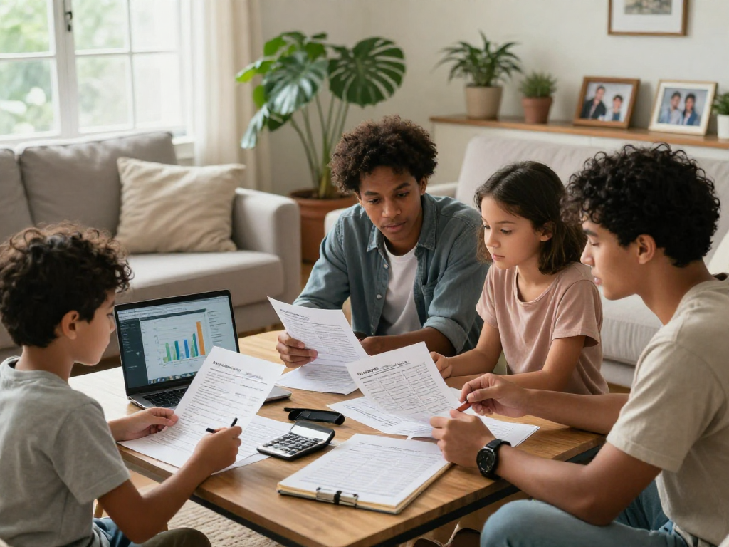 Family discussing credit consolidation strategies in a cozy living room, planning finances for a debt-free future.
