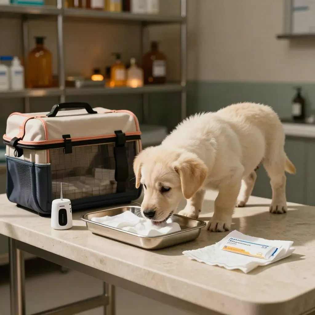 Cream puppy sniffs a vaccine tray beside cotton pads, a scanner case, and a soft carrier.