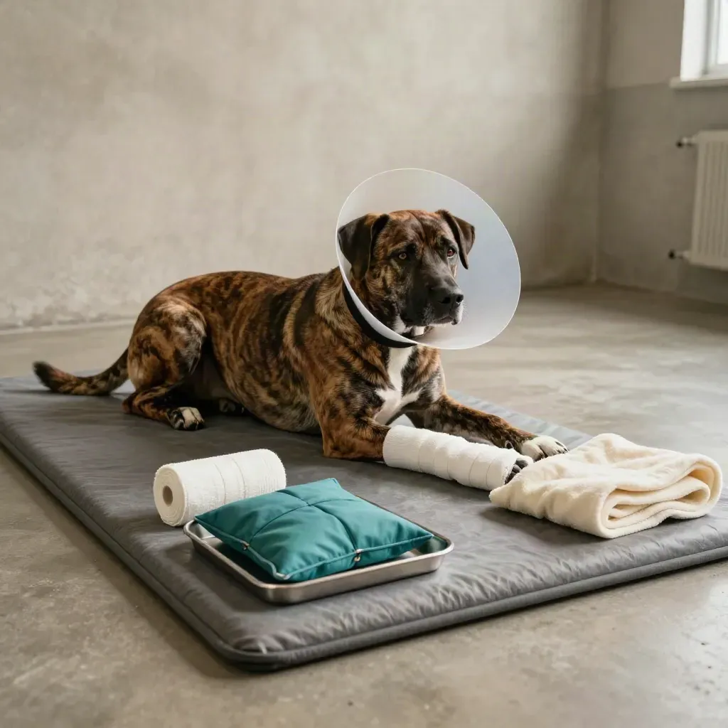 Brindle dog in recovery gear on a padded mat beside bandage, splint, and ice sleeve.