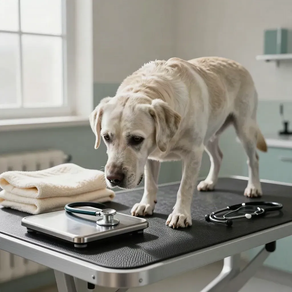 Senior silver labrador on exam mat beside scale, stethoscope, blanket and towels in warm clinic light.