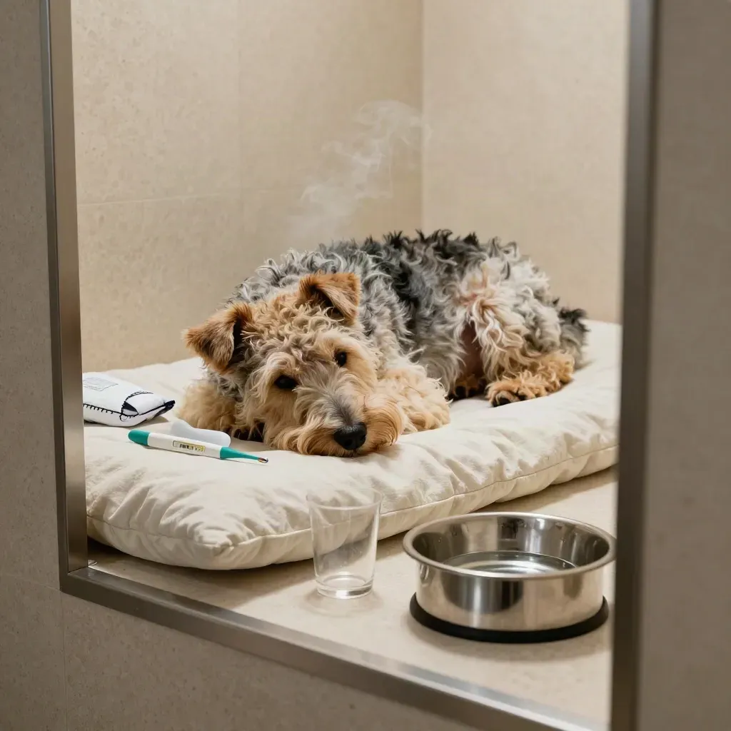 Curled terrier in a recovery bed beside vet care items and a water bowl.