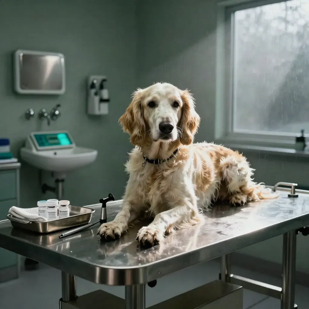 Spaniel on a stainless exam table in a moody veterinary clinic bay with tools and soft haze.