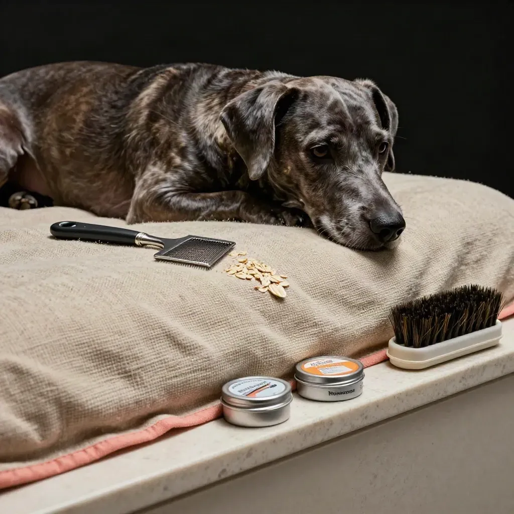 Short-haired dog on a linen bed with parasite-prevention tools in moody clinic light.