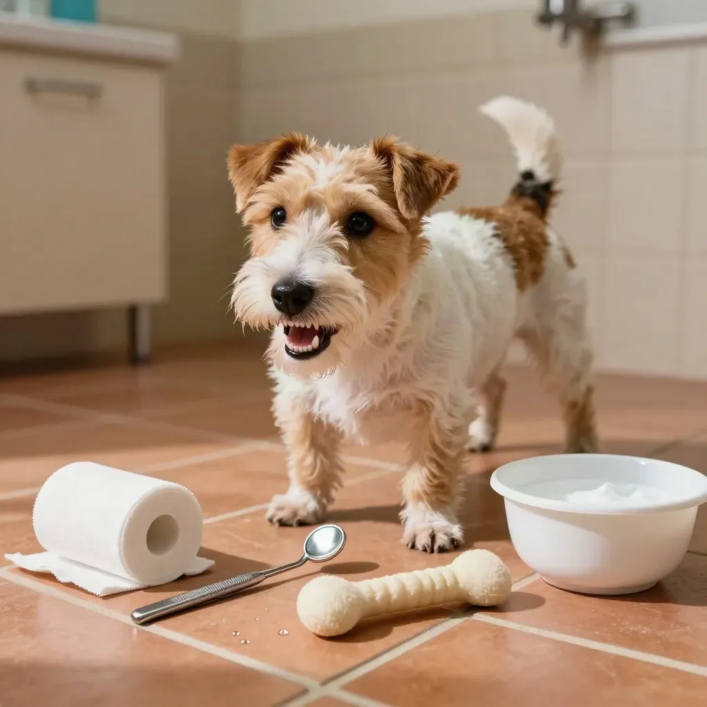 Small terrier after dental care beside tools, rinse bowl and chew toy on terracotta tile.