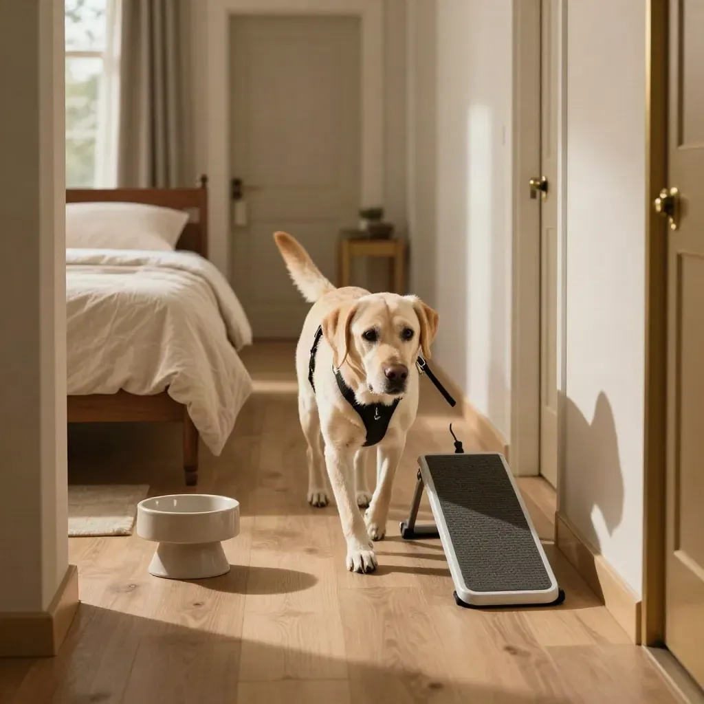 Senior yellow lab walking a hallway runner beside an orthopedic bed, raised bowl, and ramp.