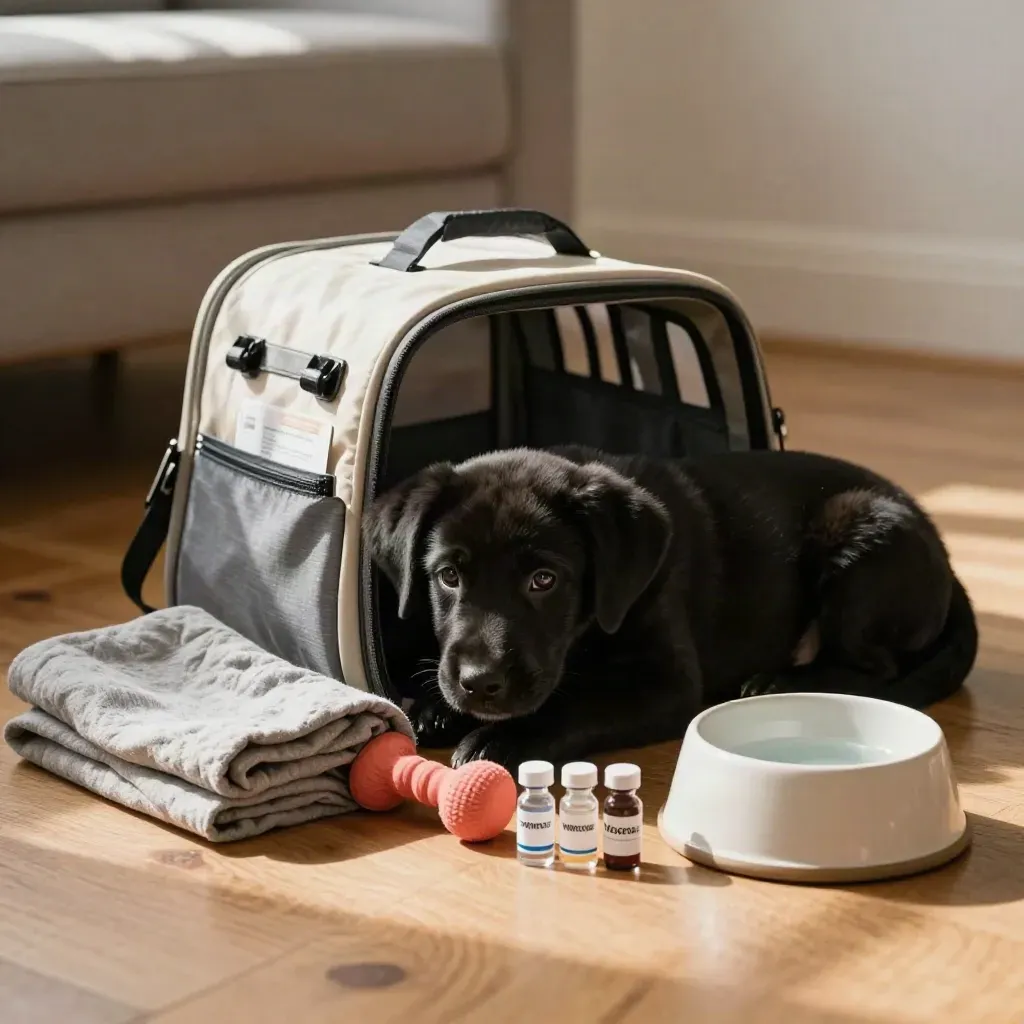 Black puppy curled by carrier, blanket, toy, vaccine caps, and water bowl in warm daylight.