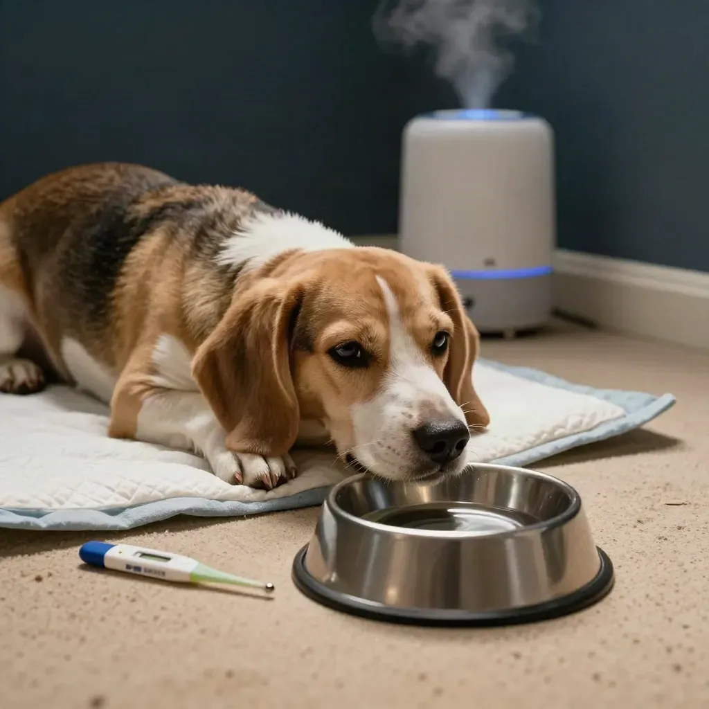 Beagle in recovery nook beside bowl, bland food dish, thermometer case, and humidifier haze.