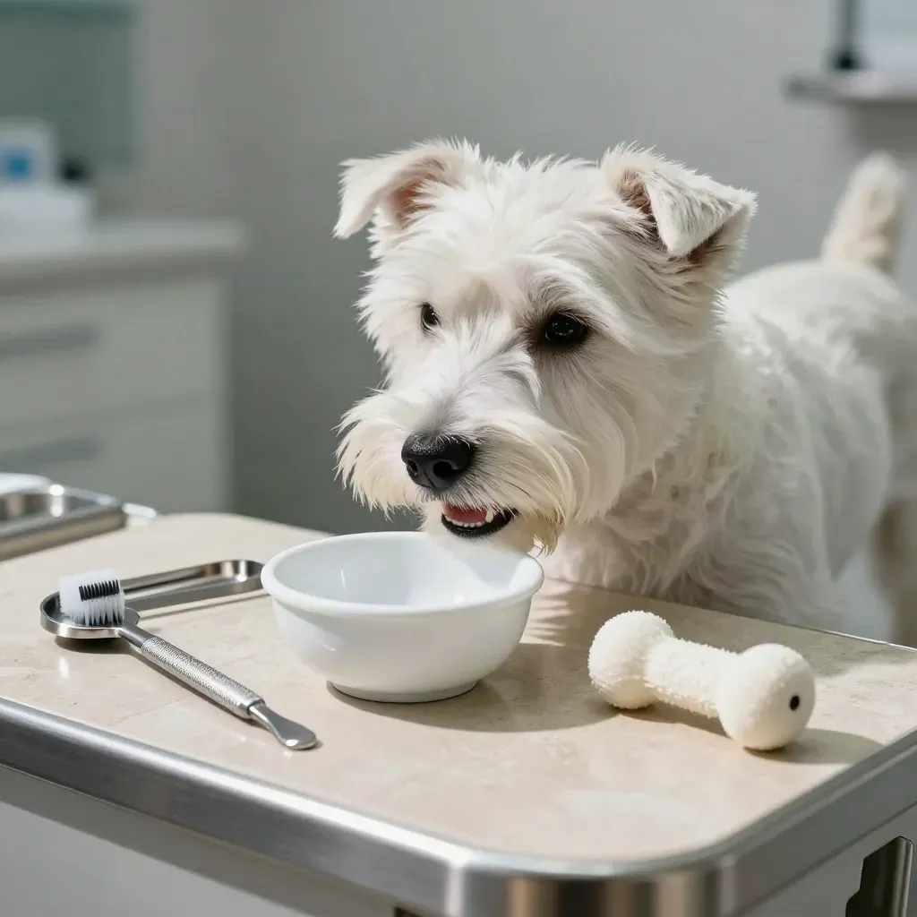 White terrier with dental kit, rinse bowl, scaler tray and chew toy in a bright exam bay.