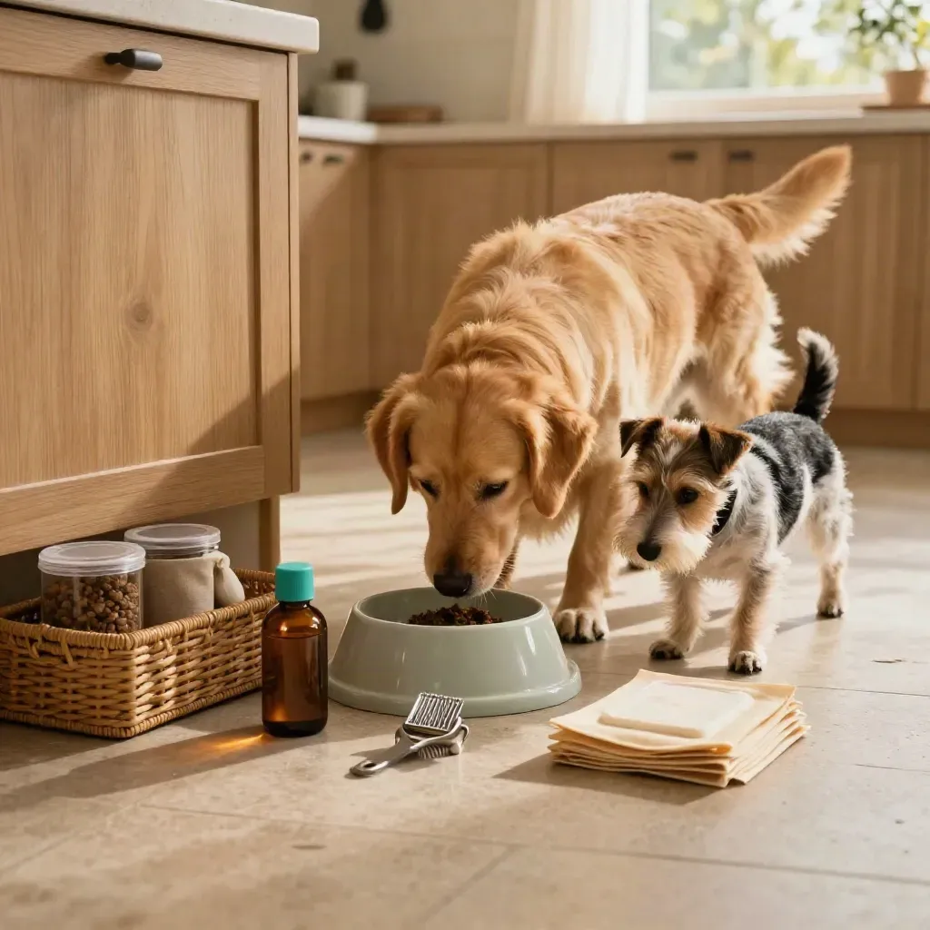 Two dogs share a kitchen feeding station with bowls, parasite care, and nutrition supplies.